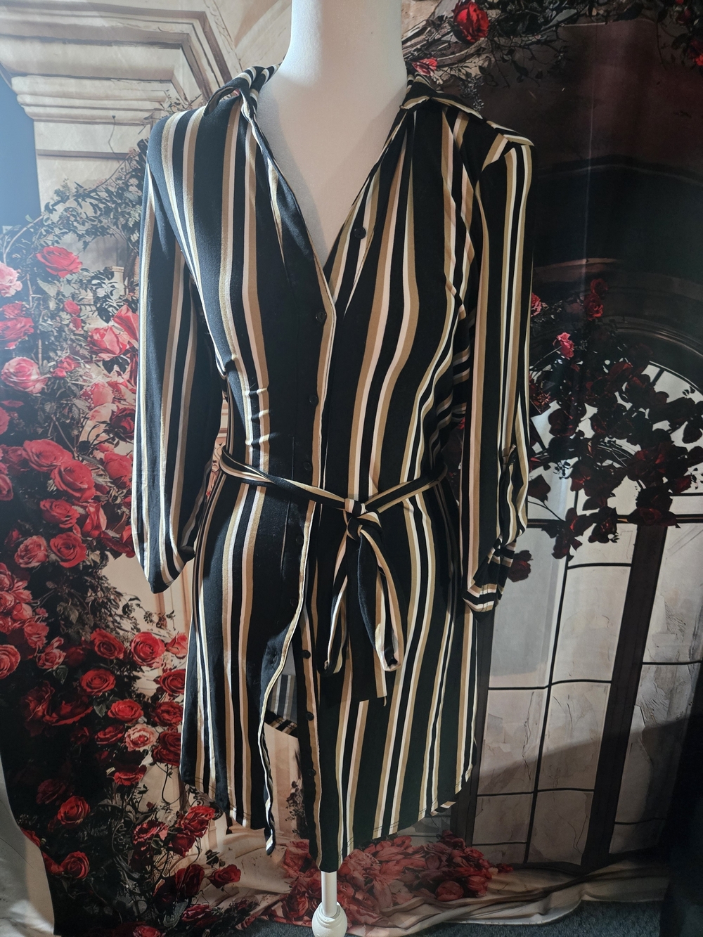 Striped Long-Sleeve Wrap Dress in Black and Cream